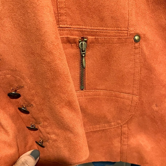14P Tan Jay Burnt Orange Faux Suede Jacket Metal Buttons Zipper Pockets - Picture 4 of 11